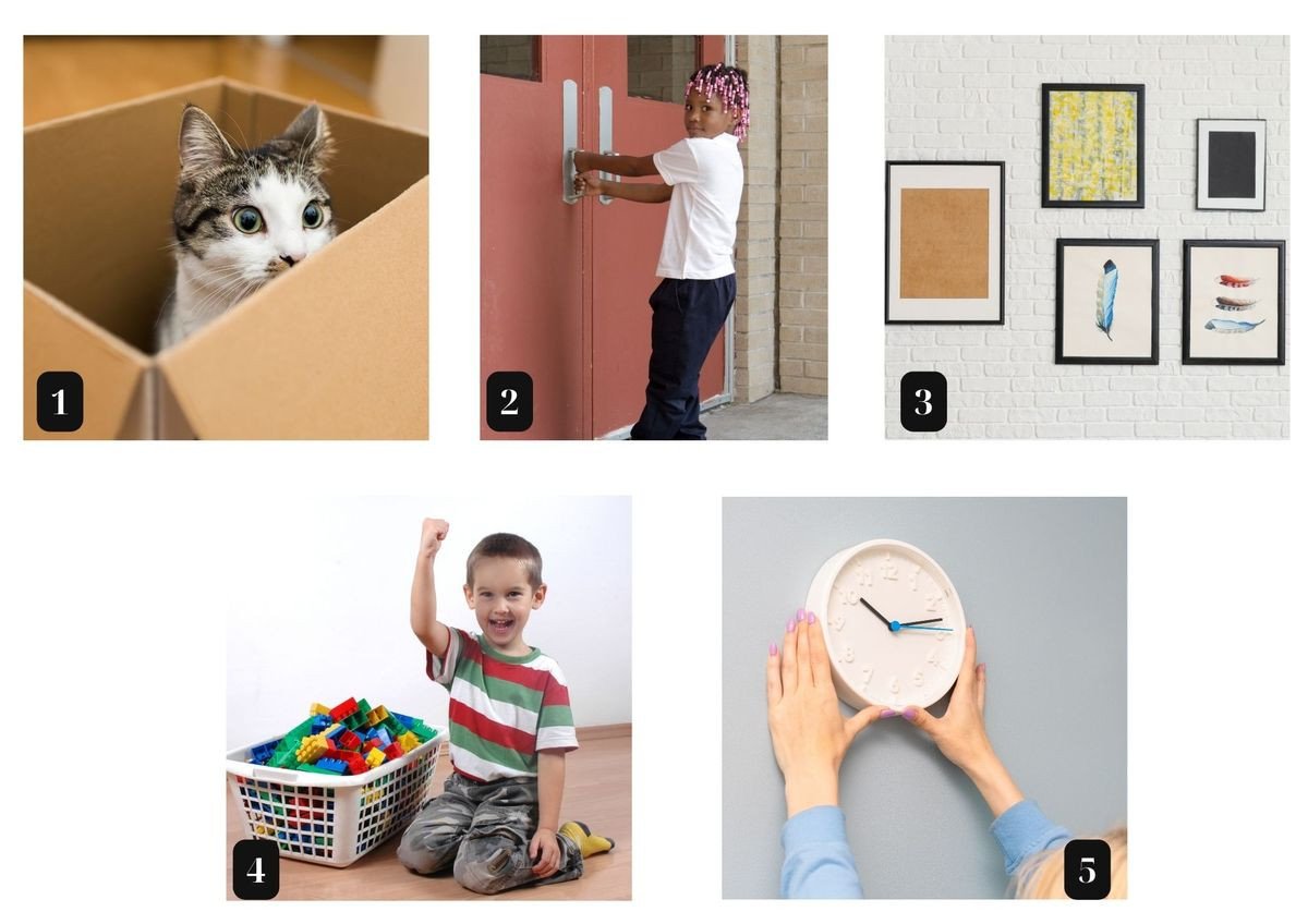 Mô tả một bé gái đứng ở cửa và một con mèo trong hộp, cùng với các đồ vật được đặt trên tường và trong giỏ