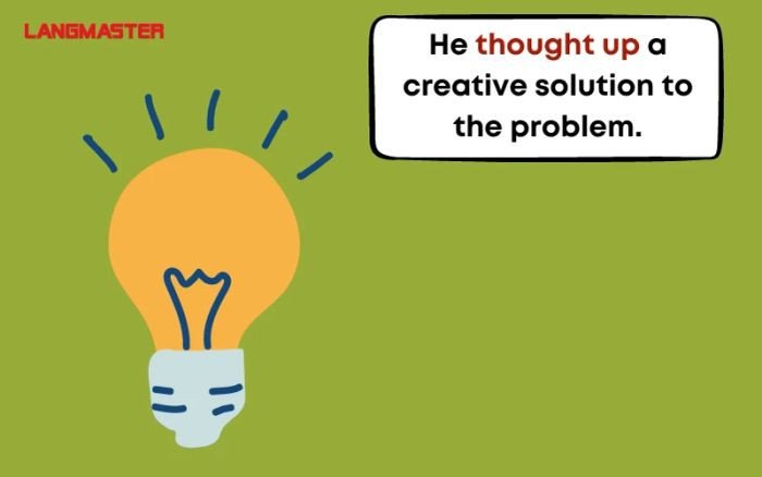 Một người đang suy nghĩ với bong bóng ý tưởng, tượng trưng cho việc nghĩ ra giải pháp sáng tạo với come up with.