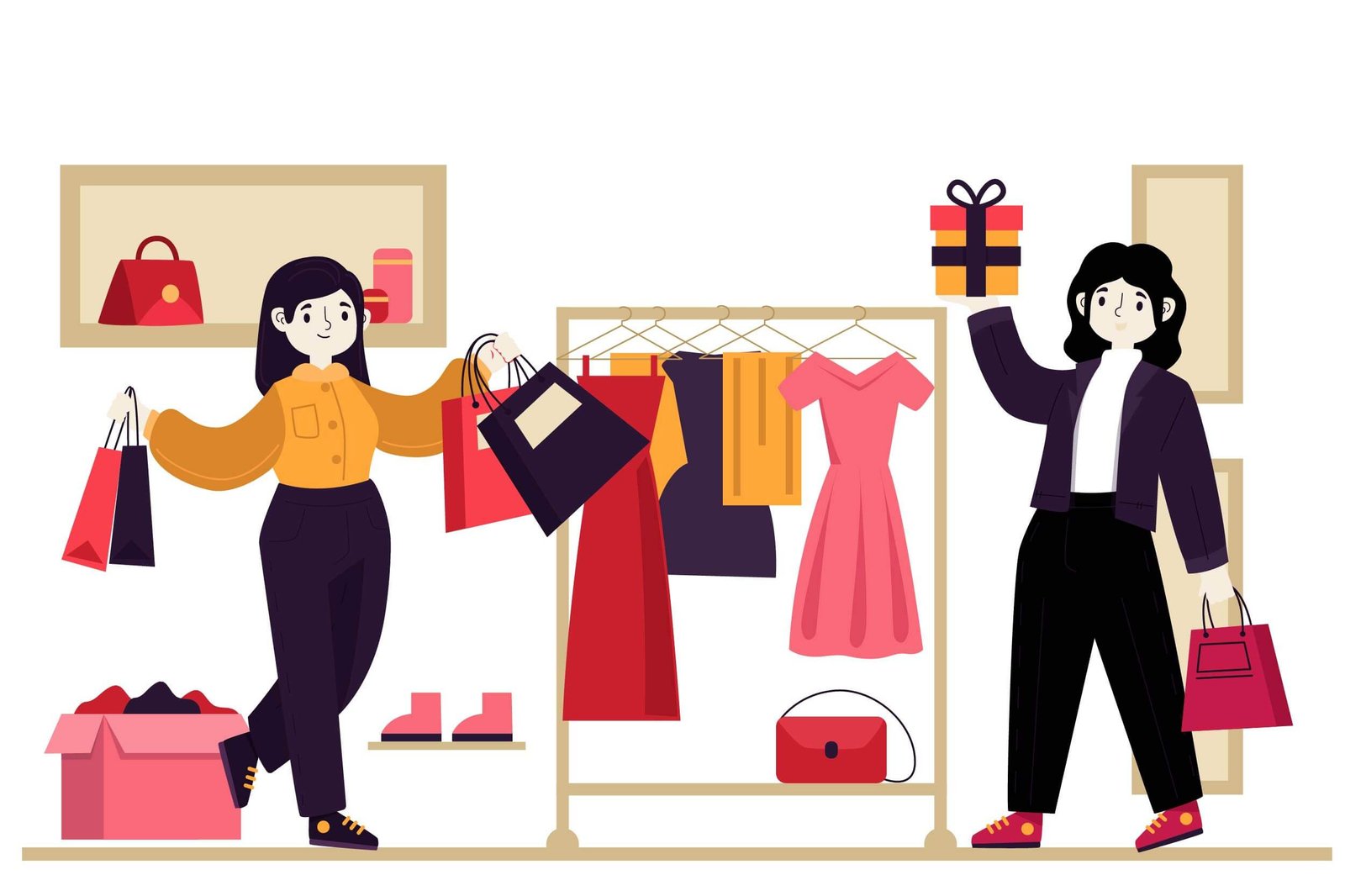 Người bạn gái đang thử đồ trong cửa hàng, minh họa tình huống mua sắm bằng tiếng Anh