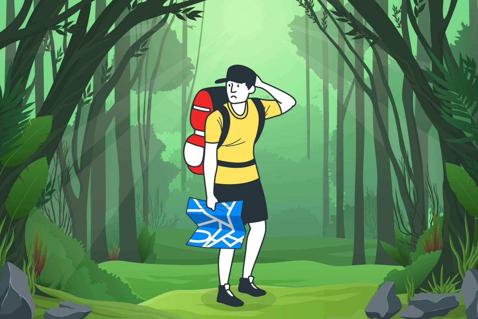 Người phụ nữ đang cầm bản đồ giấy tìm đường, thể hiện việc tìm kiếm hướng đi khi bị lạc đường