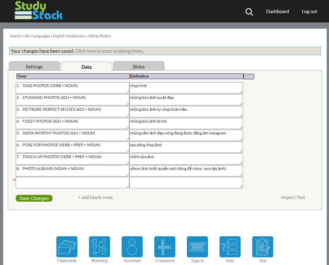Nhập dữ liệu từ vựng collocations chụp ảnh vào StudyStack