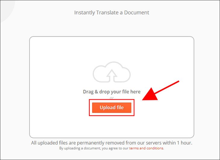 Tải lên tệp PDF để dịch file PDF từ tiếng Anh sang tiếng Việt trên OnlineDoc Translator.