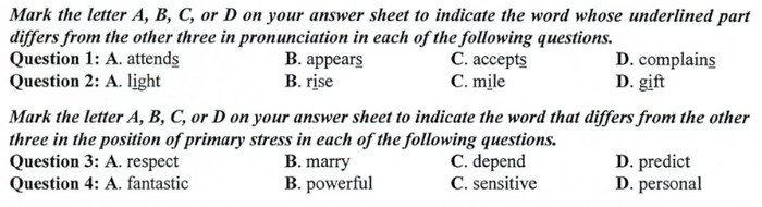 Ví dụ câu hỏi ngữ âm trong đề thi tiếng Anh THPT Quốc gia