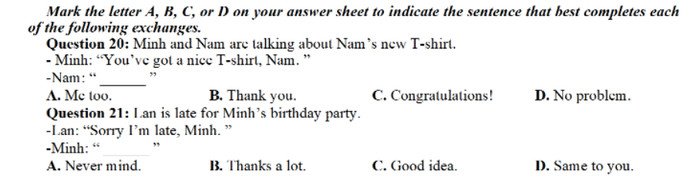Ví dụ phần thi hoàn thành đối thoại trong đề thi tiếng Anh THPT Quốc gia
