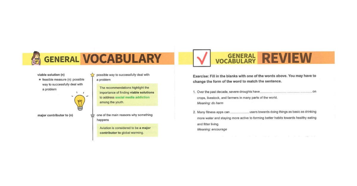 Ví dụ về phần từ vựng tổng quát (General vocabulary) và bài tập ứng dụng trong sách luyện IELTS Writing