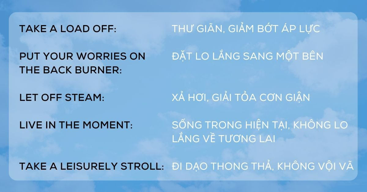 Hình ảnh minh họa nhiều người thư giãn trong công viên, tượng trưng cho các idiom về thư giãn tinh thần