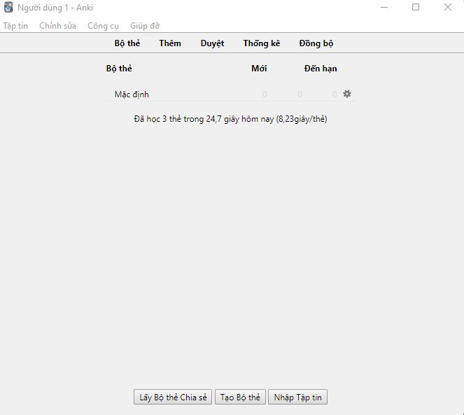 Màn hình chính của ứng dụng Anki với các bộ thẻ học từ vựng