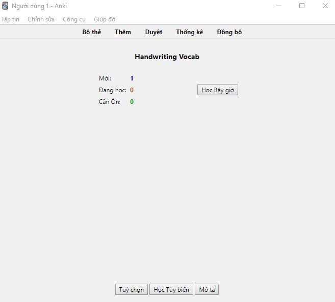 Màn hình chọn bộ thẻ học từ vựng Handwriting Vocab trong Anki
