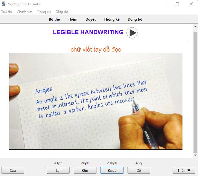 Màn hình học từ vựng với thẻ Flashcard Anki, hiển thị đáp án và lựa chọn mức độ ghi nhớ